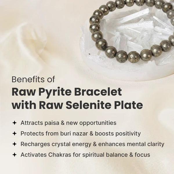 Raw Pyrite Bracelet for Money + FREE Selenite Plate