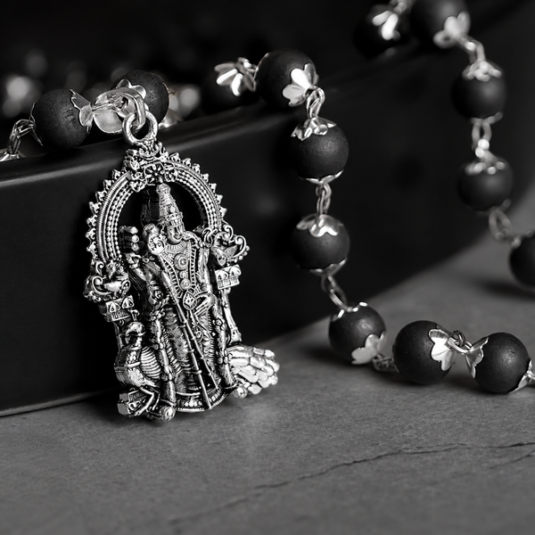 Silver Plated Karungali Necklace with Murugan Pendant