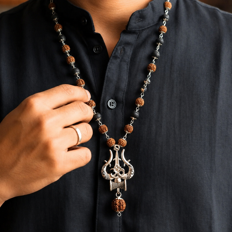 Silver Plated Rudraksha & Karungali Mala with Trishul Pendant