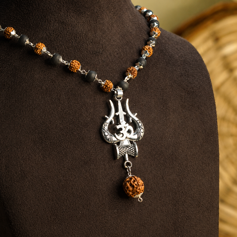 Silver Plated Rudraksha & Karungali Mala with Trishul Pendant