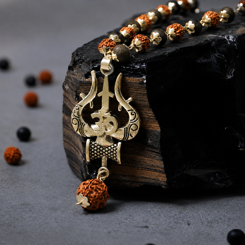 Silver Plated Rudraksha & Karungali Mala with Trishul Pendant