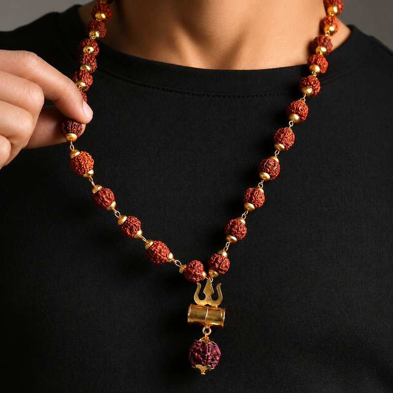 Gold Plated Rudraksha Trishool Necklace